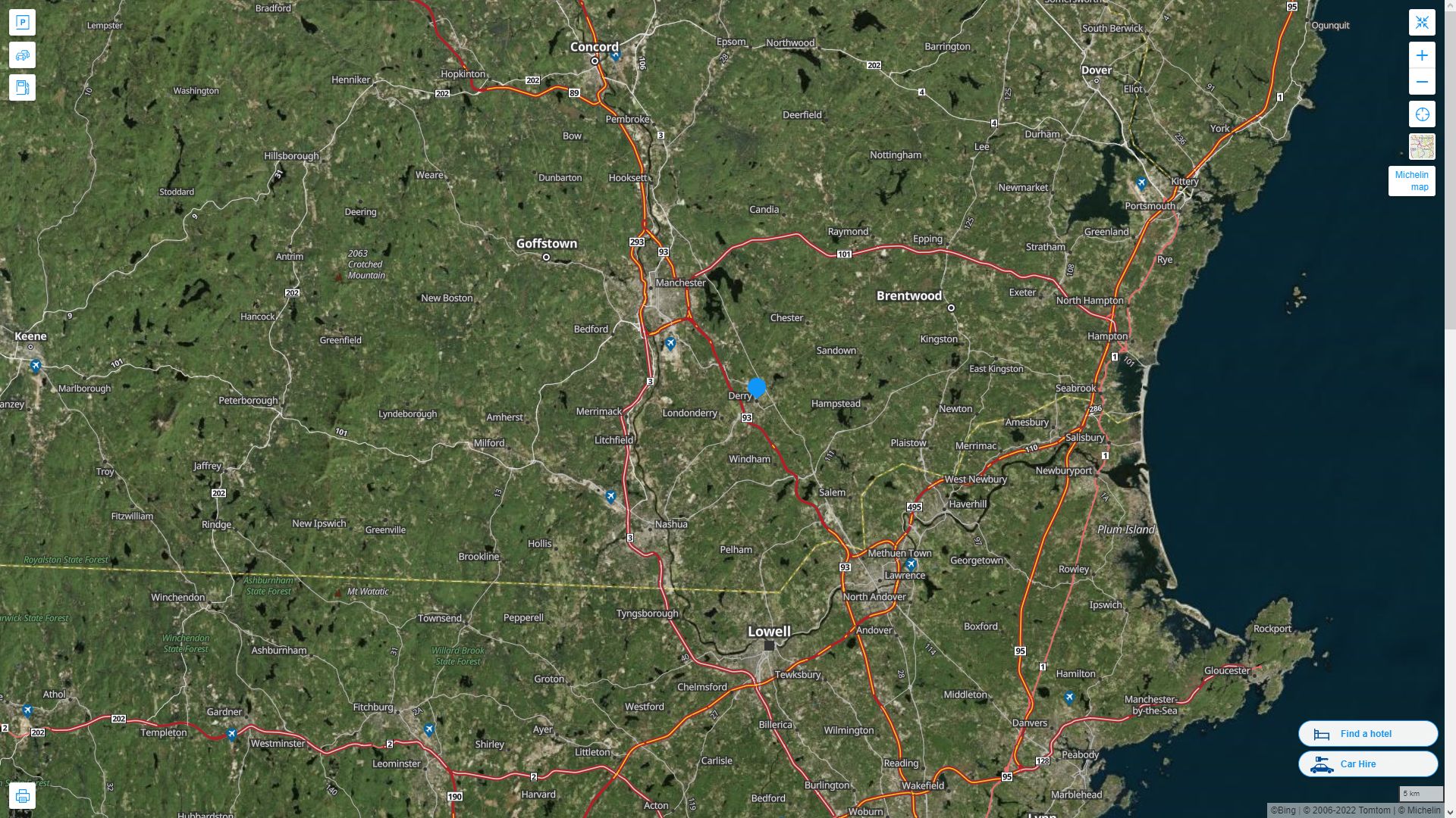 Derry New Hampshire Highway and Road Map with Satellite View